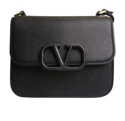 Small V-Sling Shoulder Bag, Leather, Black, MII, S, 3*
